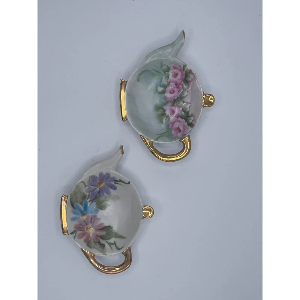 Vintage Dorothy Garber Hand Painted Porcelain Teapot Tea Bag Holders Set of 2